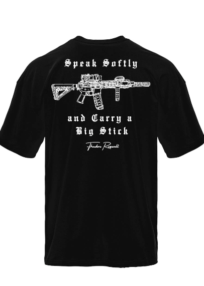 Black T-shirt with graphic designs on front and back.