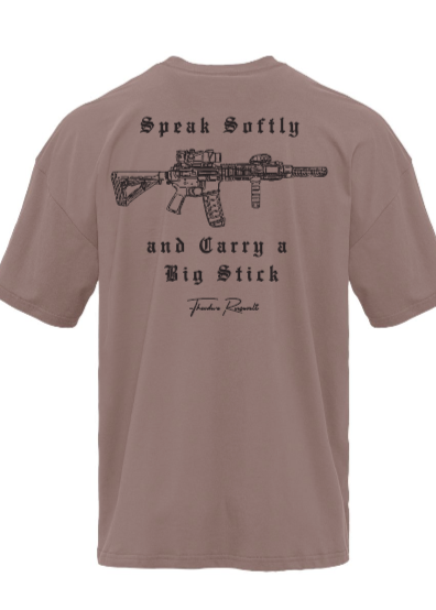 brown colored T-shirt with graphic designs on front and back.