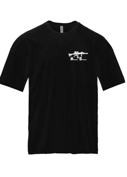 black colored T-shirt with graphic gun and quote designs on front and back.